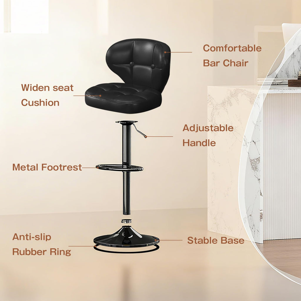 Walktory Bar Stools Set of 6, Adjustable Swivel Bar Stools with Back, Counter Height Bar Chairs with Footrest, PU Leather Padded Seat, Metal Base, Kitchen Island Dining Room Black