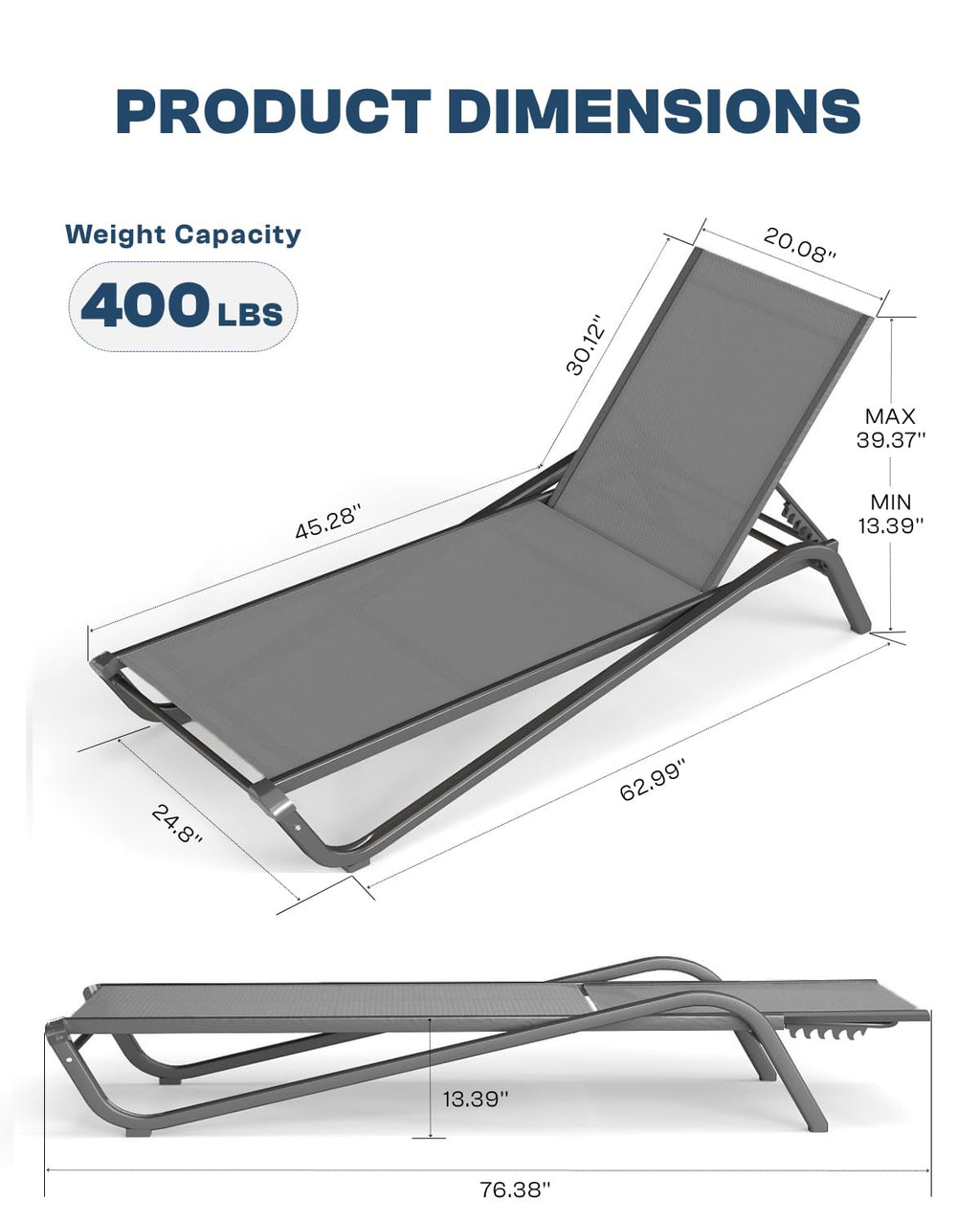 Patio Kingdom Patio Chaise Lounge Chairs Set of 6, All-Weather Aluminum Pool Loungers for Outside, 5-Position Adjustable Sunbathing Chairs for Tanning, Stackable for Backyard, Poolside, Grey