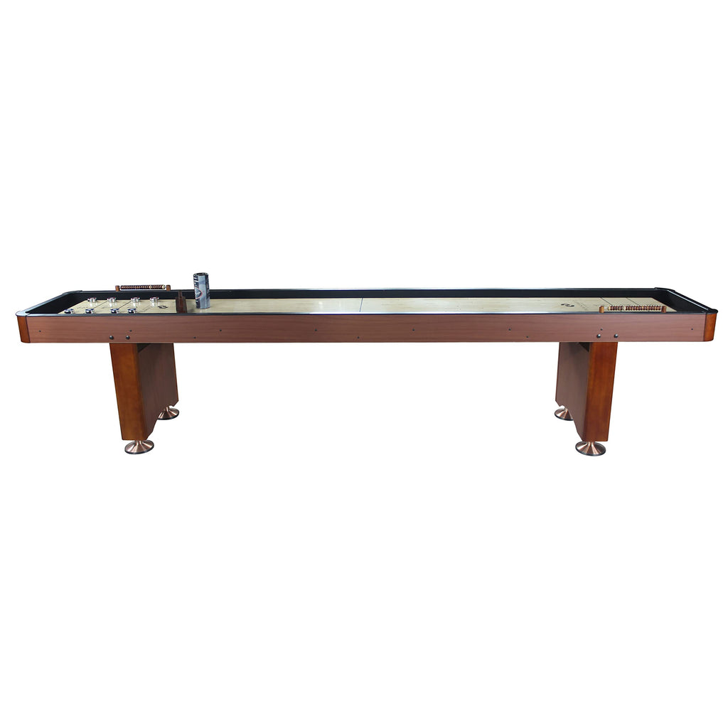Playcraft Woodbridge Shuffleboard Table with Storage Cabinet - Shuffle Board Game Table Set with Matching Abacus, 8 Pucks, Brush & Wax (Made in USA) - Pro Style Climate Adjusters - Cherry - 12ft
