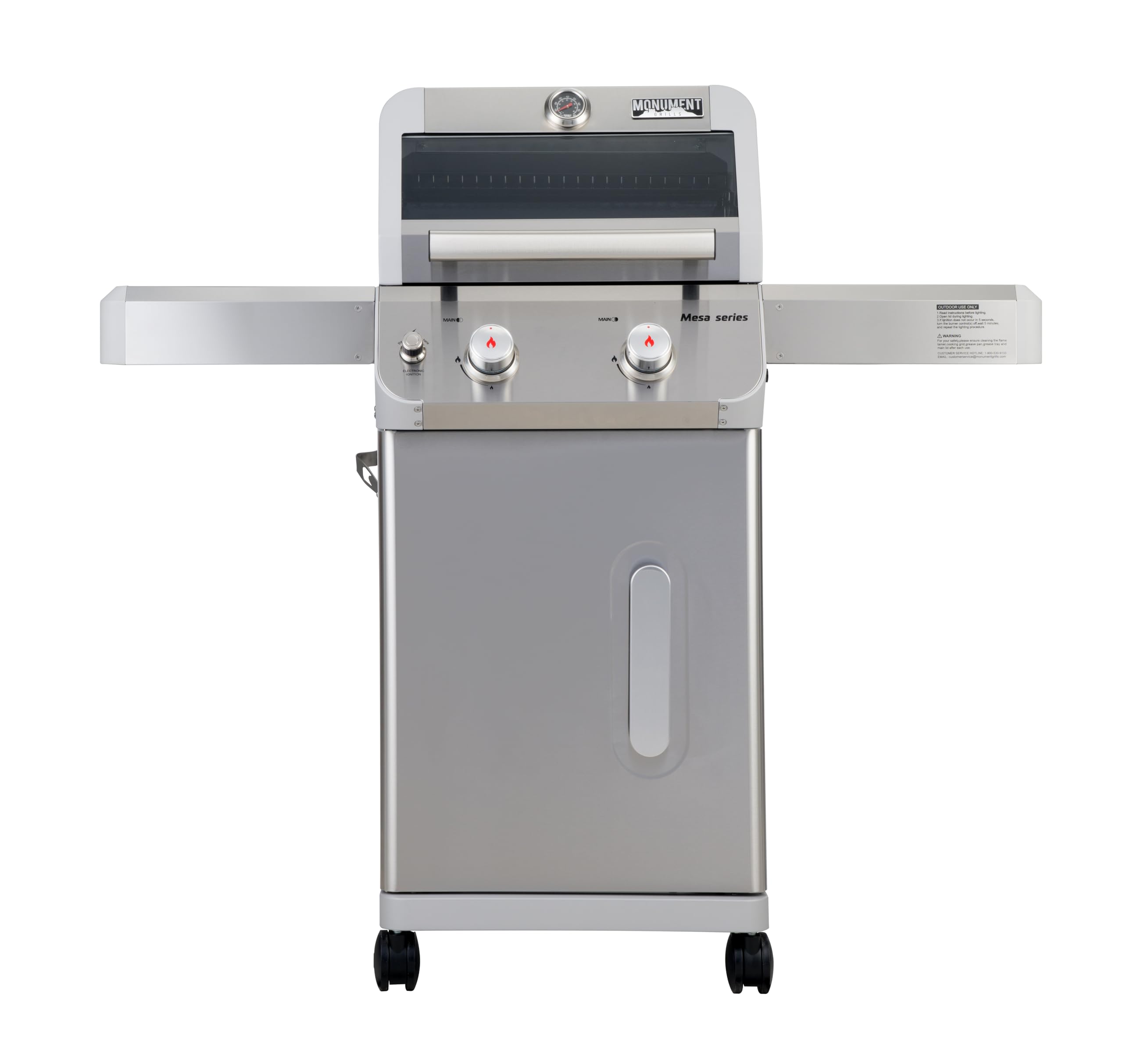 Monument Grills 2-Burner Stainless Steel Liquid Propane Gas Grill, Two Foldable Shelves Patio Garden Barbecue Grill with Clearview® Lid, Knob Control Mesa200S