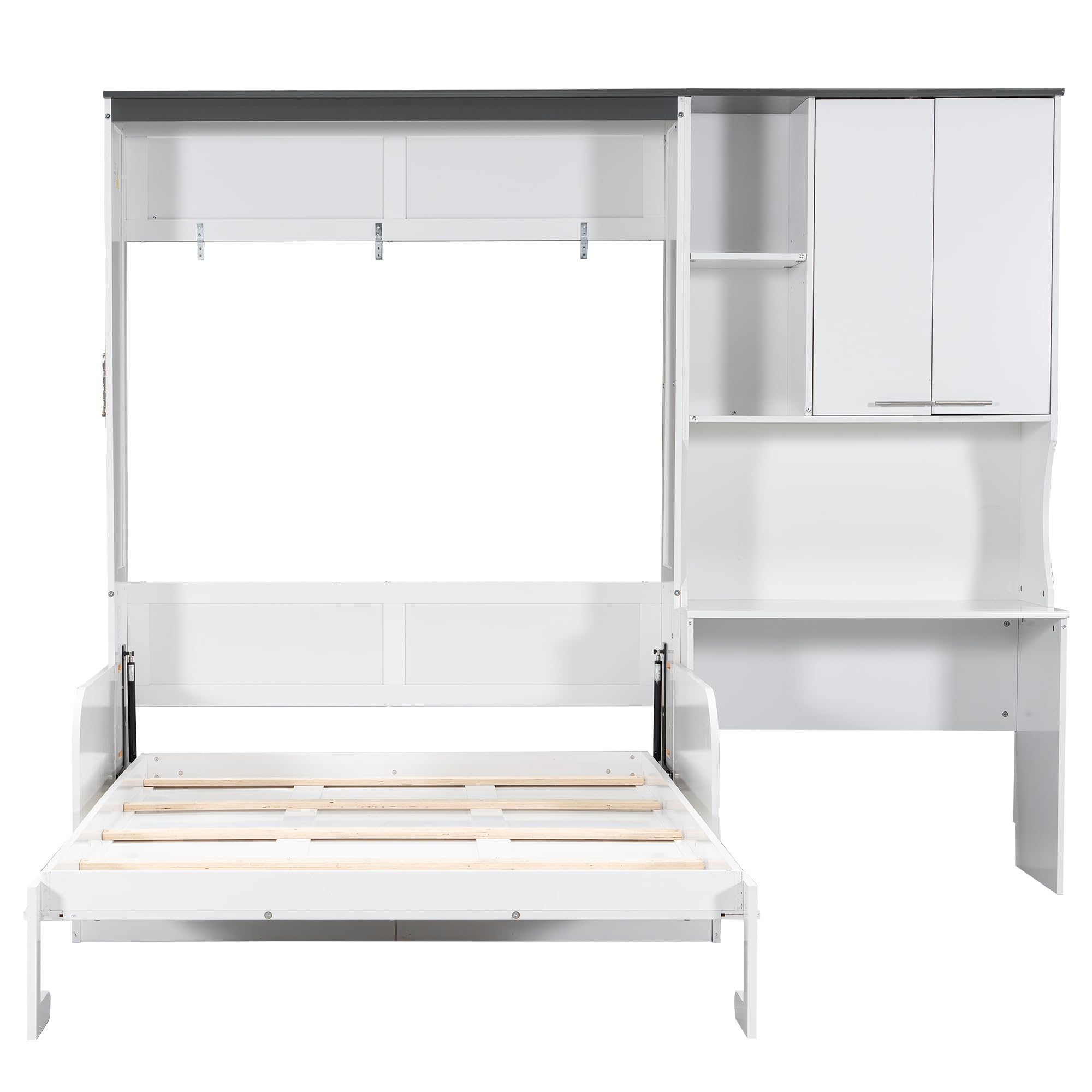 Merax Farmhouse Multi-Functional Murphy Bed with Sofa, Desk & Storage Cabinet,Solid Wood Foldable Wall Bed/Space Saving/No Box Spring Needed/Full,White + Gray