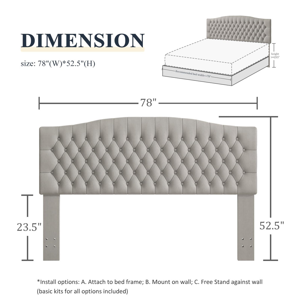 Befurtori King Headboard Only, Upholstered Headboard for Adjustable Bed Velvet Tufted Cal King Size Wall Mounted Head Board with Solid Wood Legs Head Board, Silver Gray
