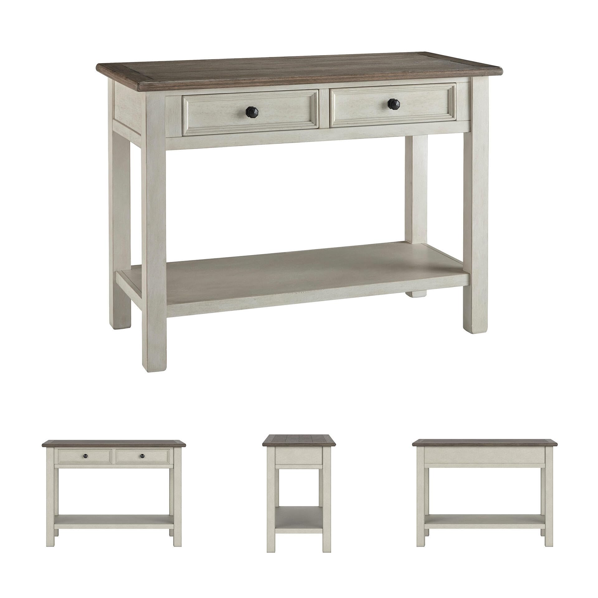 Signature Design by Ashley Bolanburg Sofa Table, Two‑Tone Wood Console With Drawers, Antique Finish With Metal Hardware, Ideal for Entryway or Living Room Display, Antique White