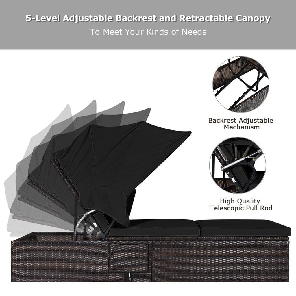 HAPPYGRILL Patio Chaise Lounge with Retractable Canopy, Outdoor Reclining Chair with Adjustable Backrest, Rattan Wicker Daybed with Coffee Table for Beach Poolside Backyard Balcony Porch