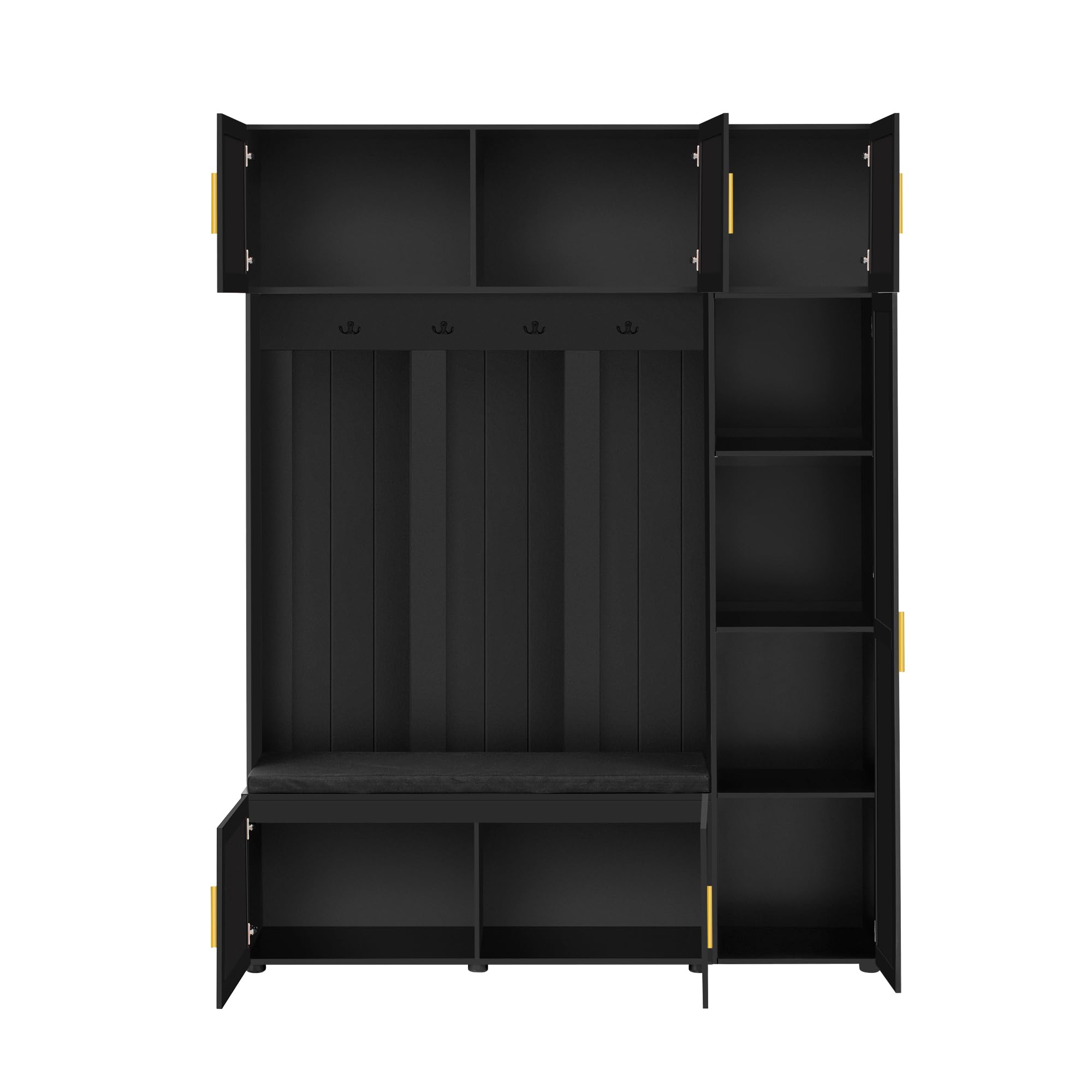 Shaical Hall Tree with Padded Bench and Shoe Storage, 4-in-1 Entryway Bench with Multi-Tier Storage Shelves & Cabinets, 4 Hooks, 79.7" H Wooden Storage Organizer for Entrance, Hallway, Mudroom, Black