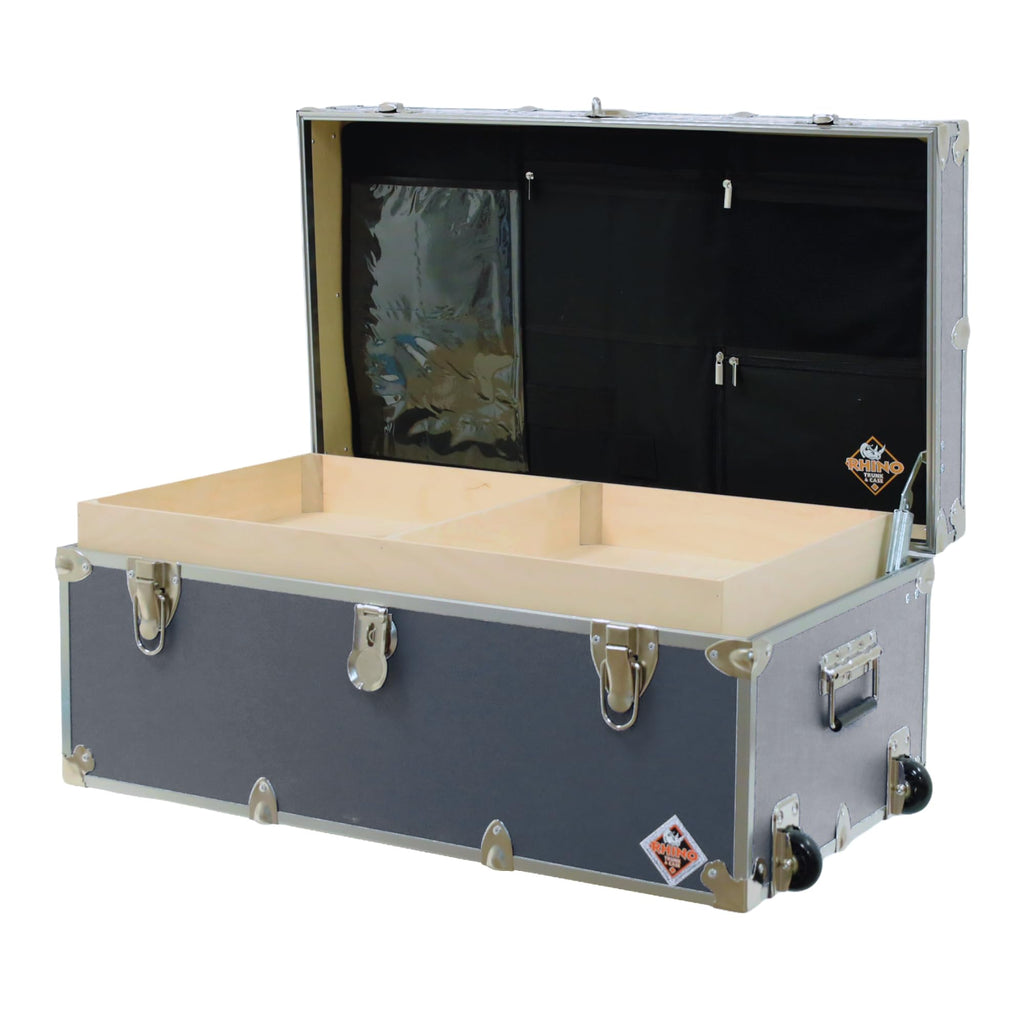 Rhino Trunk & Case Small Essential Trunk With Wheels, Tray, & Lid Organizer - 30"x17"x13", 1000+ lbs Capacity. Strong, USA Made Summer Camp Footlocker, and Secure College Dorm Storage Chest