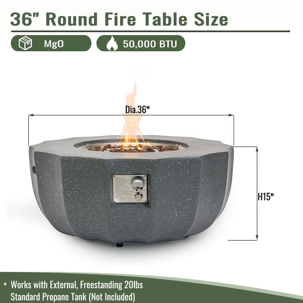36 Inch Propane Fire Pit Table 50000 BTU Round Concrete Gas Fire Table with Lid Outdoor Patio Firepit for Deck Garden Backyard, Gray