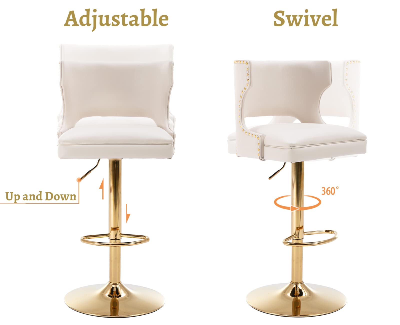 EALSON Leather Bar Stools Set of 2 Swivel Counter Height Barstools with Back Adjustable Bar Chairs with Gold Base Modern Upholstered Kitchen Island Stools for Home Bar Dining Room, PU Beige