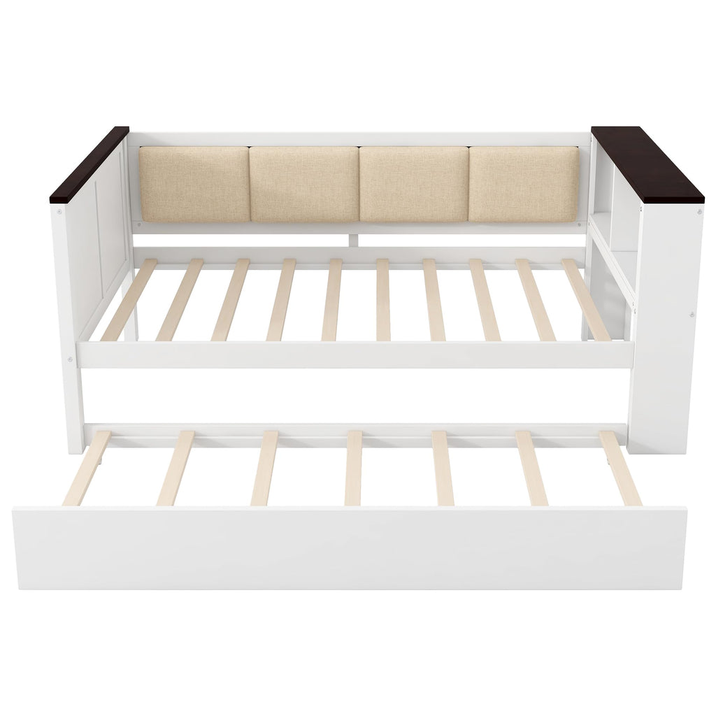 Merax Twin Size Wood Daybed with Storage Shelves, Platform Bed Frame Upholstered Backrest, USB and Trundle, Easy Assembly, White