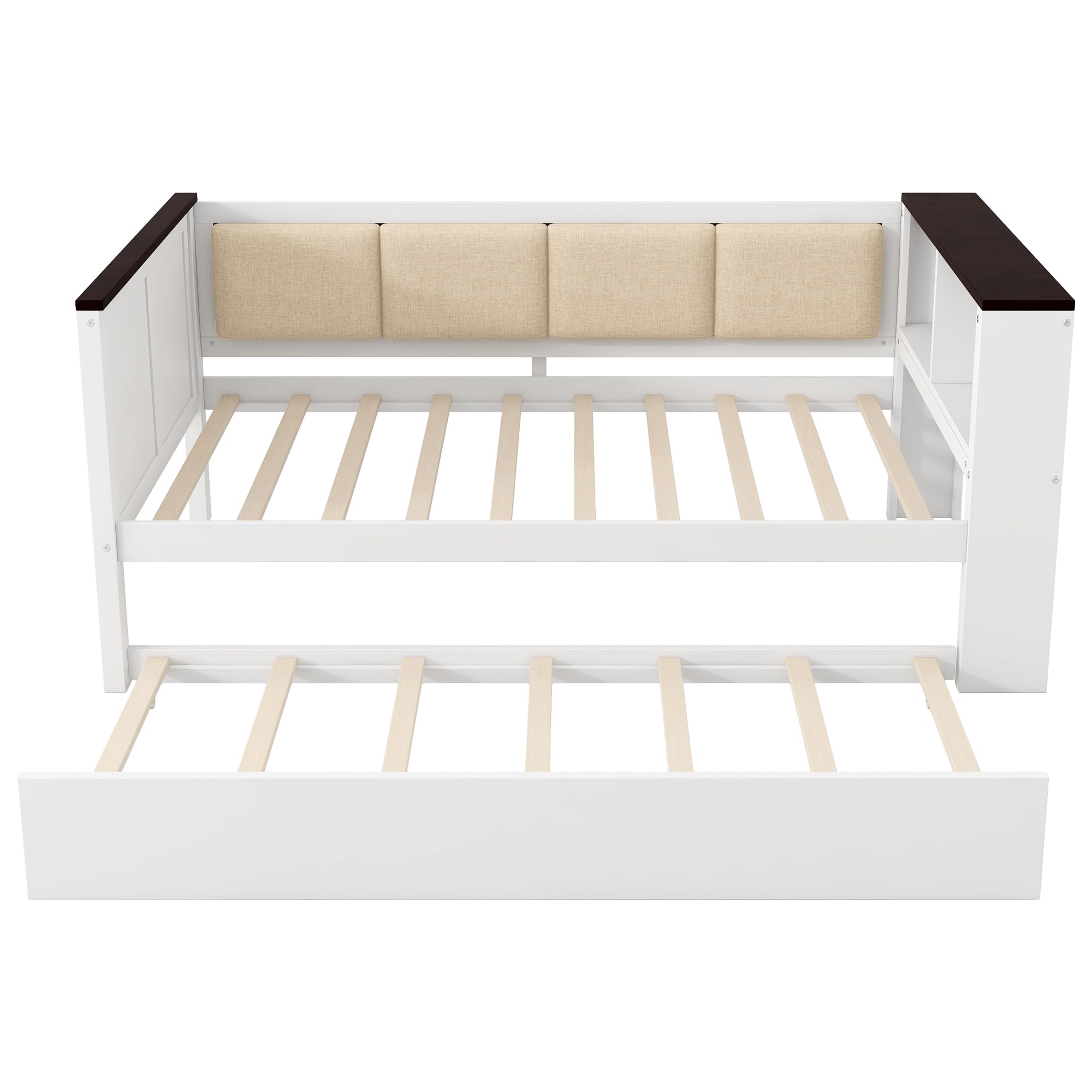 Merax Twin Size Wood Daybed with Storage Shelves, Platform Bed Frame Upholstered Backrest, USB and Trundle, Easy Assembly, White