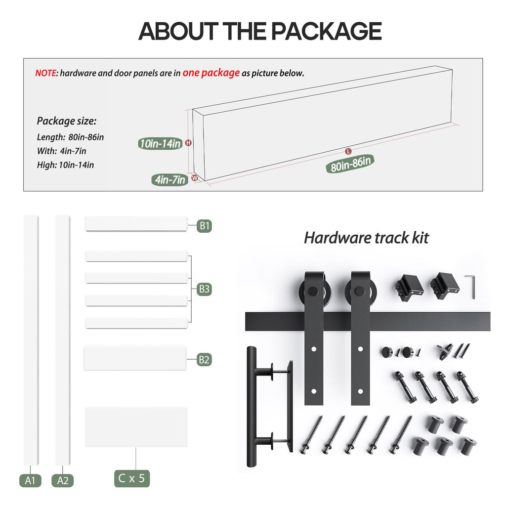 Fredbeck 38x84 inch White Barn Door with 6.6 FT Sliding Door Hardware Kit Included & Handle,MDF,Solid PVC Surface,DIY Assembly,5-Panel,Fit 35in-37in Opening