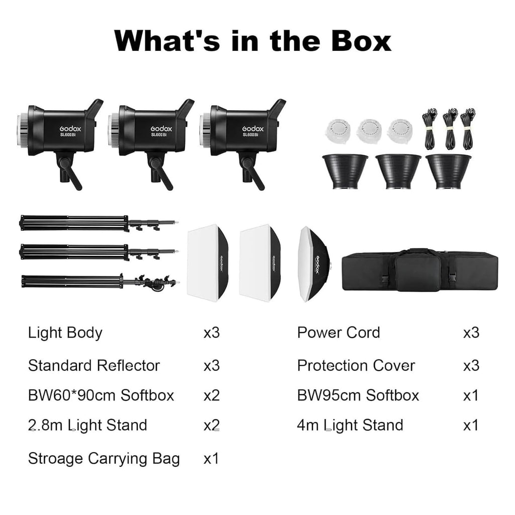 Godox 3 Pack SL-60II bi 180W CRI95+ White Continuous Output Lighting LED Video Light Bowens Mount Kit for YouTube,Video Shooting,Studio,Children Photography,Wedding &Softbox,Light Stand,Carrying Bag