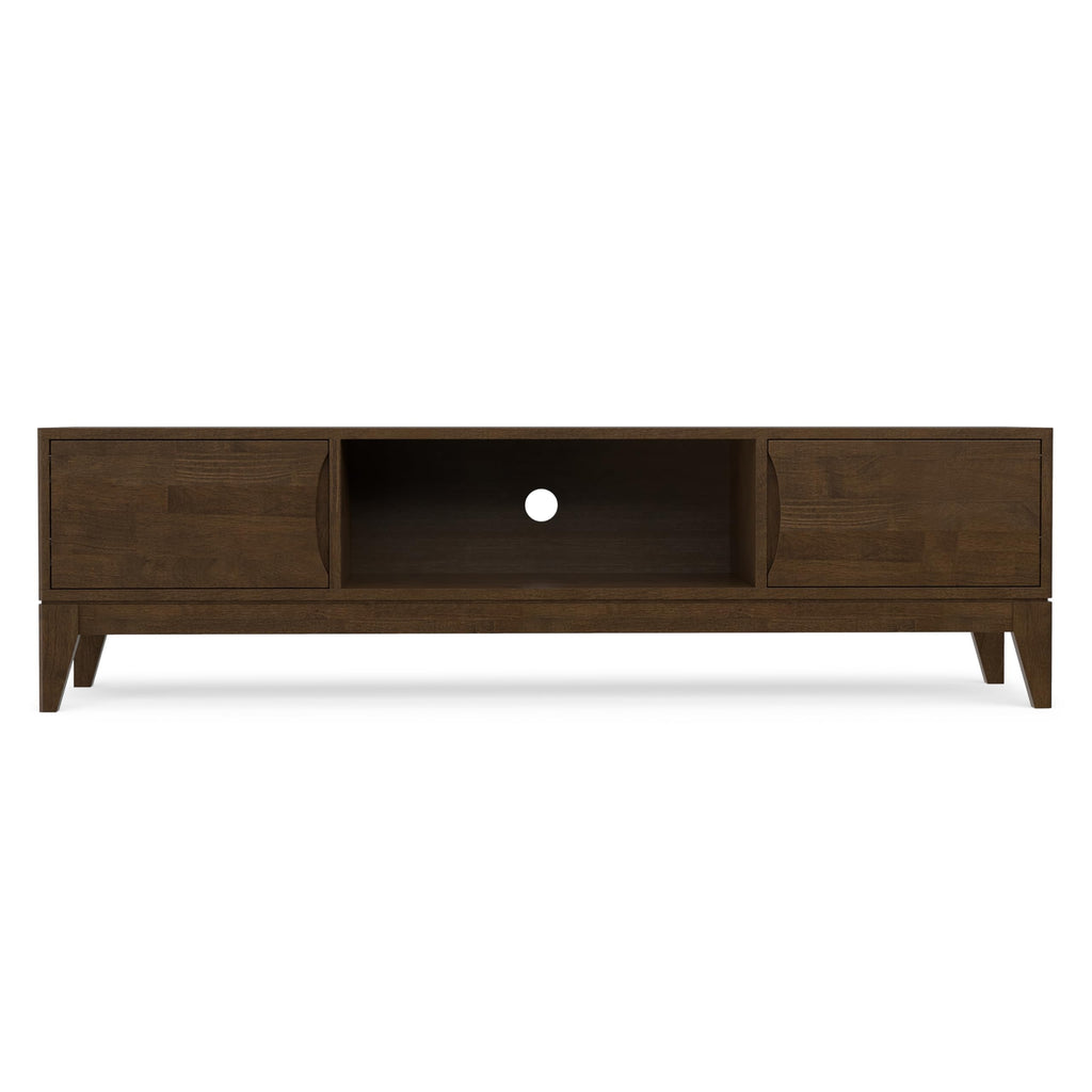 SIMPLIHOME Harper TV Stand - 72 inch Wide Solid Wood Low Media Console in Walnut Brown, Mid Century Modern Entertainment Center for Living Room for TVs up to 80 Inches with Shelf and Cord Management