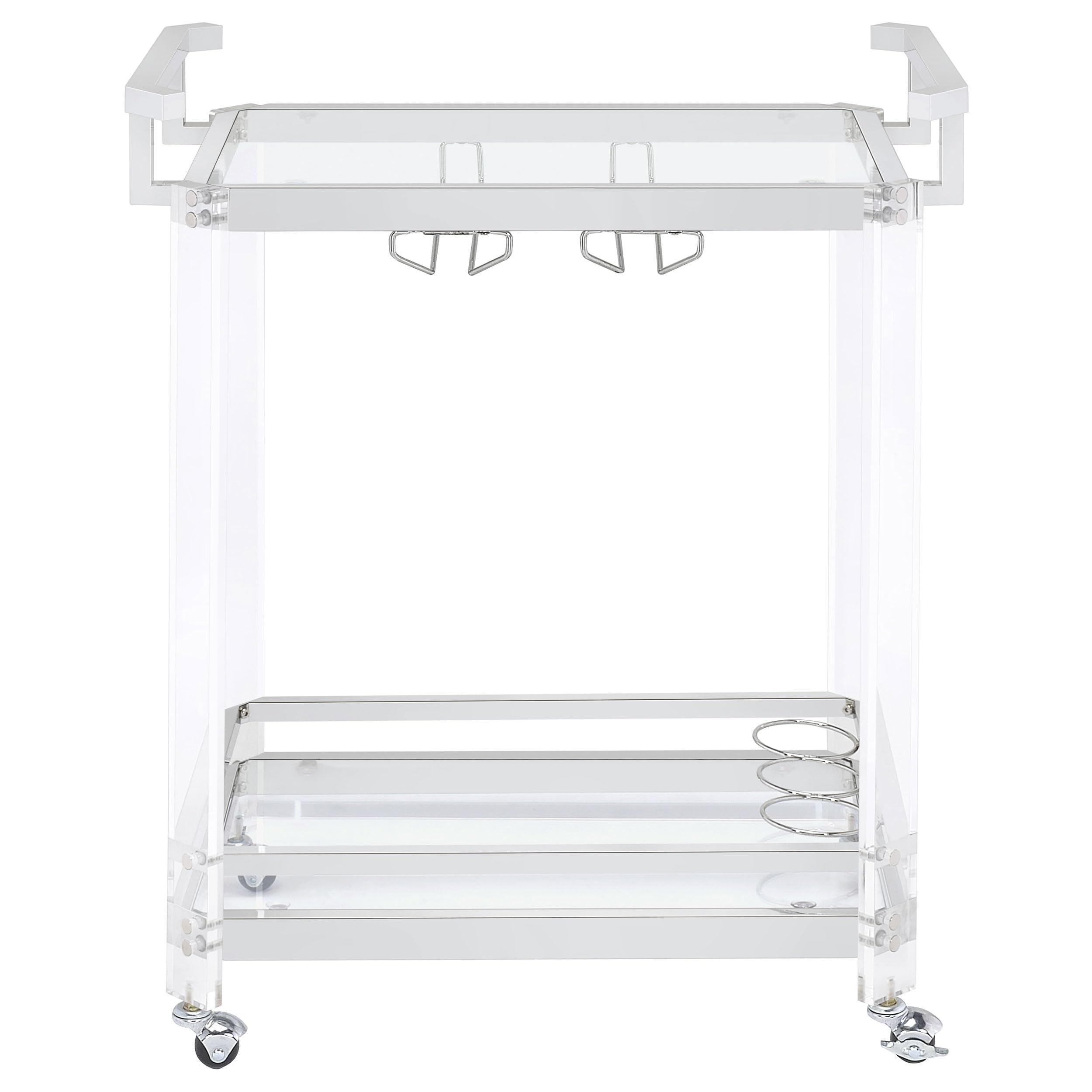 BOWERY HILL Bar Cart, Chrome Finish, Acrylic and Metal Frame with Glass Shelves, 35" H x 28.5" W x 17.25" D, Wine Bottle and Stemware Racks, Contemporary Style Serving Cart with Wheels