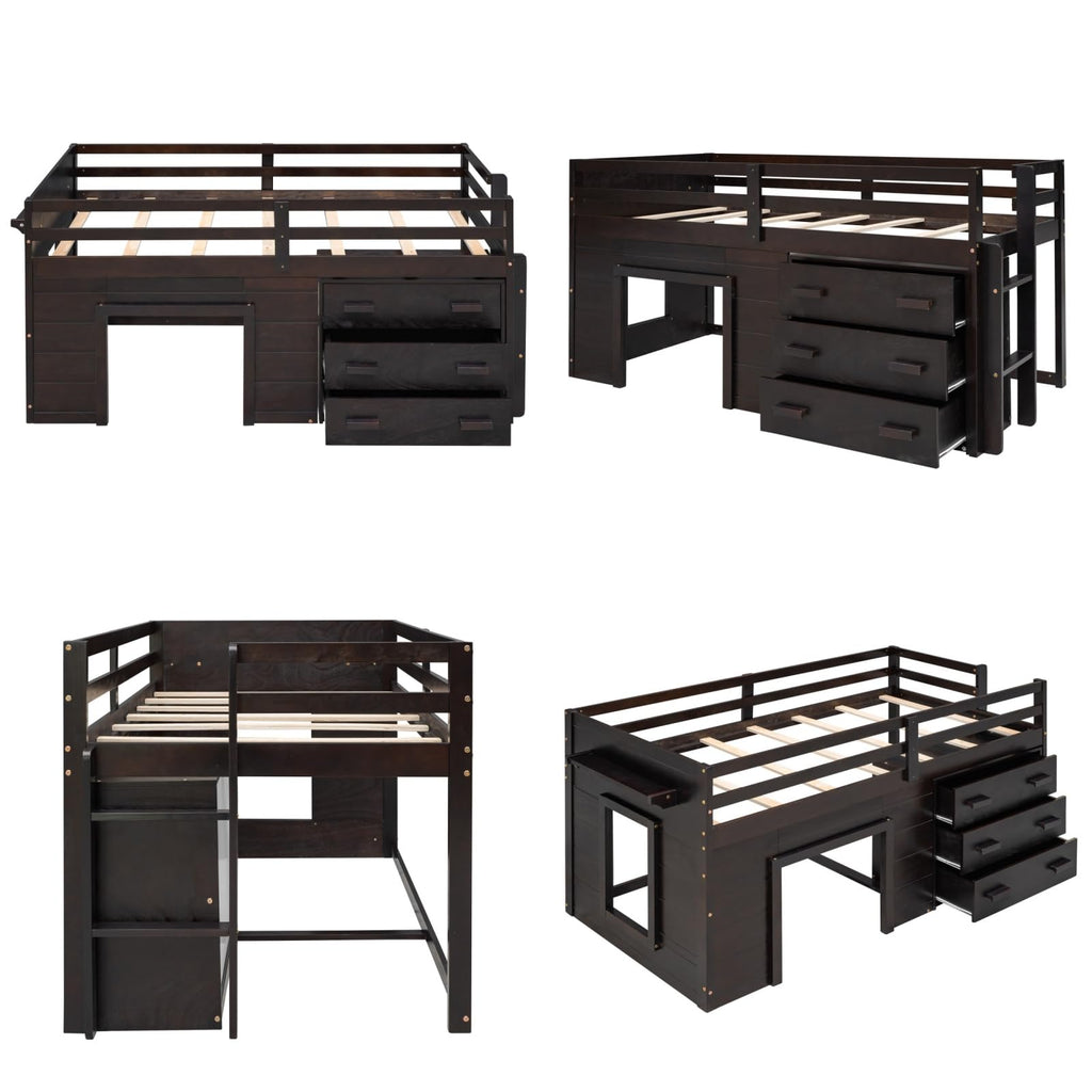 Merax Twin Size Loft Bed, Wood Bedframe for Kids Teens Adults Bedroom with Cabinet, Shelf, Stairs, Espresso