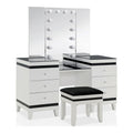 Furniture of America Oleah Solid Wood 3-Piece Vanity Set with Black Padded Stool and Light Bulbs Mirror, Felt-Lined Top Drawer for Bedroom, Guest Room, White