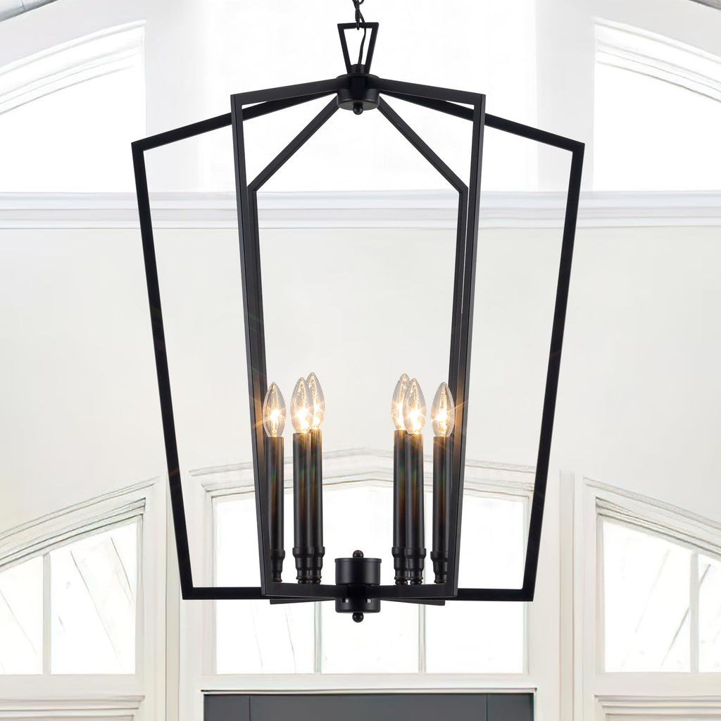 Vezzio 6-Light Black Chandelier for Entryway Foyer, D25 Inch Modern Farmhouse Industrial Pendant Light Fixture Adjustable Chain Dimmable for High Ceiling Dining Room Kitchen Island Hallway Stairway