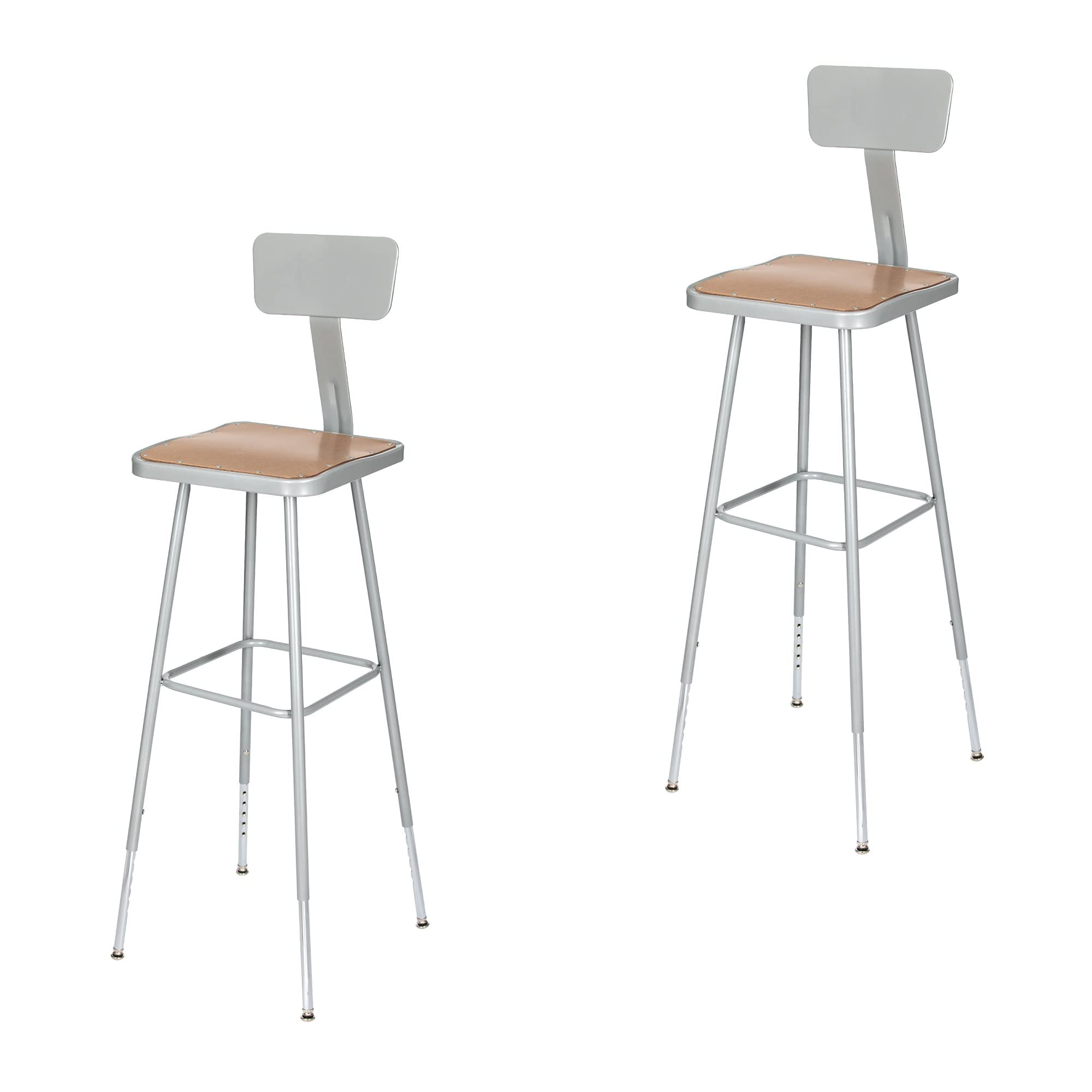 OEF Furnishings OEF6330HB/2 Premium Commercial-Grade All-Purpose Square Stool with Backrest (Height-Adjustable, 30–38 inch Range, Gray Frame, Masonite Wood Seat, 2-Pack)