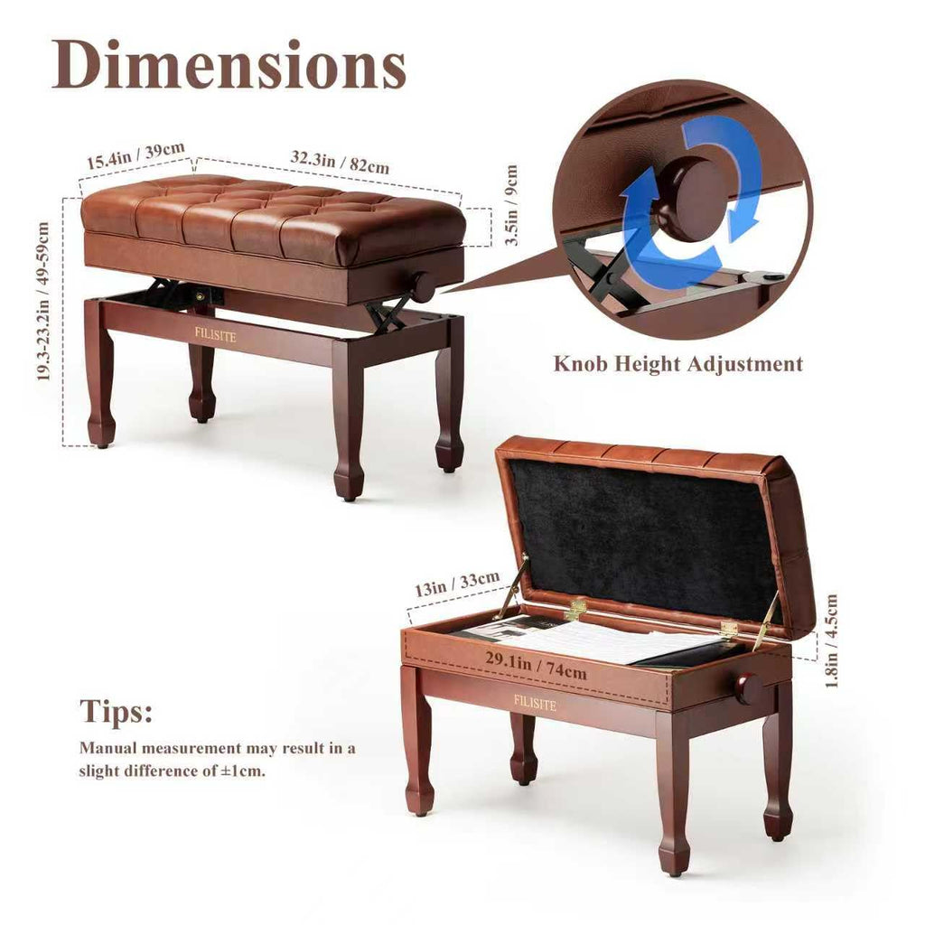 FILISITE Genuine Leather Duet Piano Bench with Storage,Adjustable Heavy Duty Wooden Double Keyboard Seat XHJ-11G(Brown)