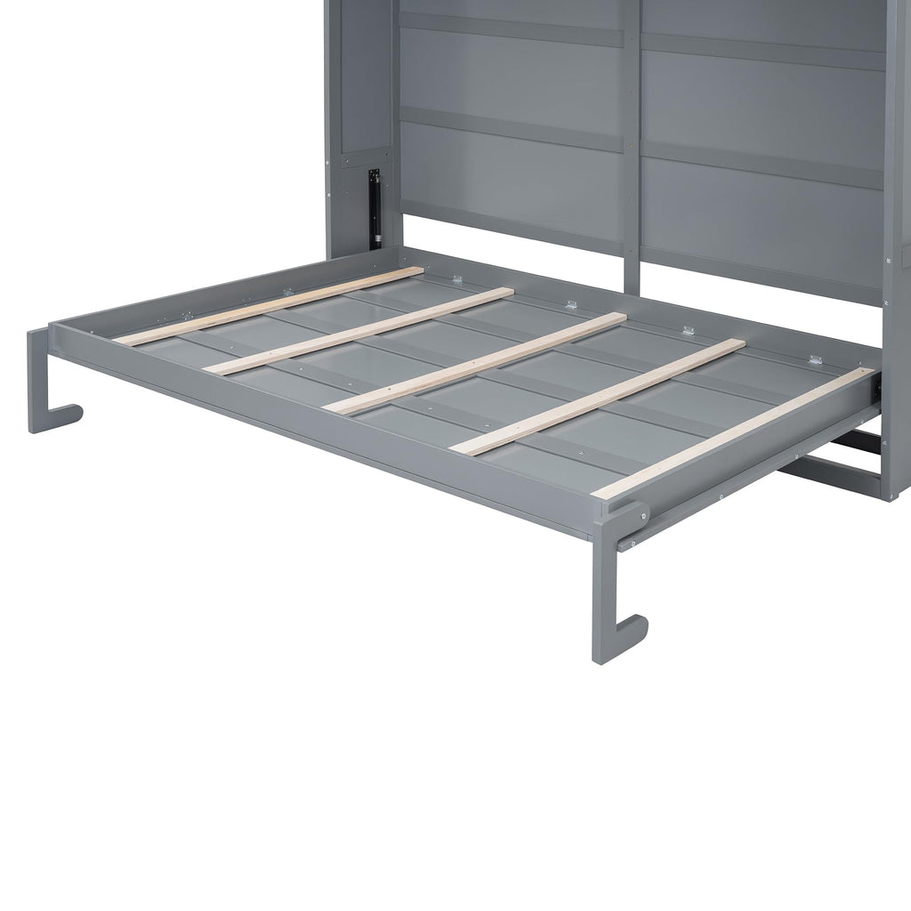 Merax Modern Murphy Cabinet Bed with Top Cabinets, Solid Wood Wall Platform Bed/No Box Spring Needed/Easy Assemble Full,Gray