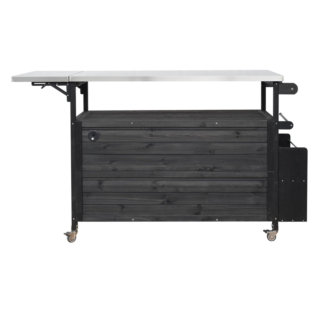 Outdoor Kitchen Island Cart with Foldable Stainless Steel Top, Rolling Grill Table with Adjustable Shelf Storage Spice Rack and Towel Holder, Wooden BBQ Prep Station with Lockable Wheels, Black