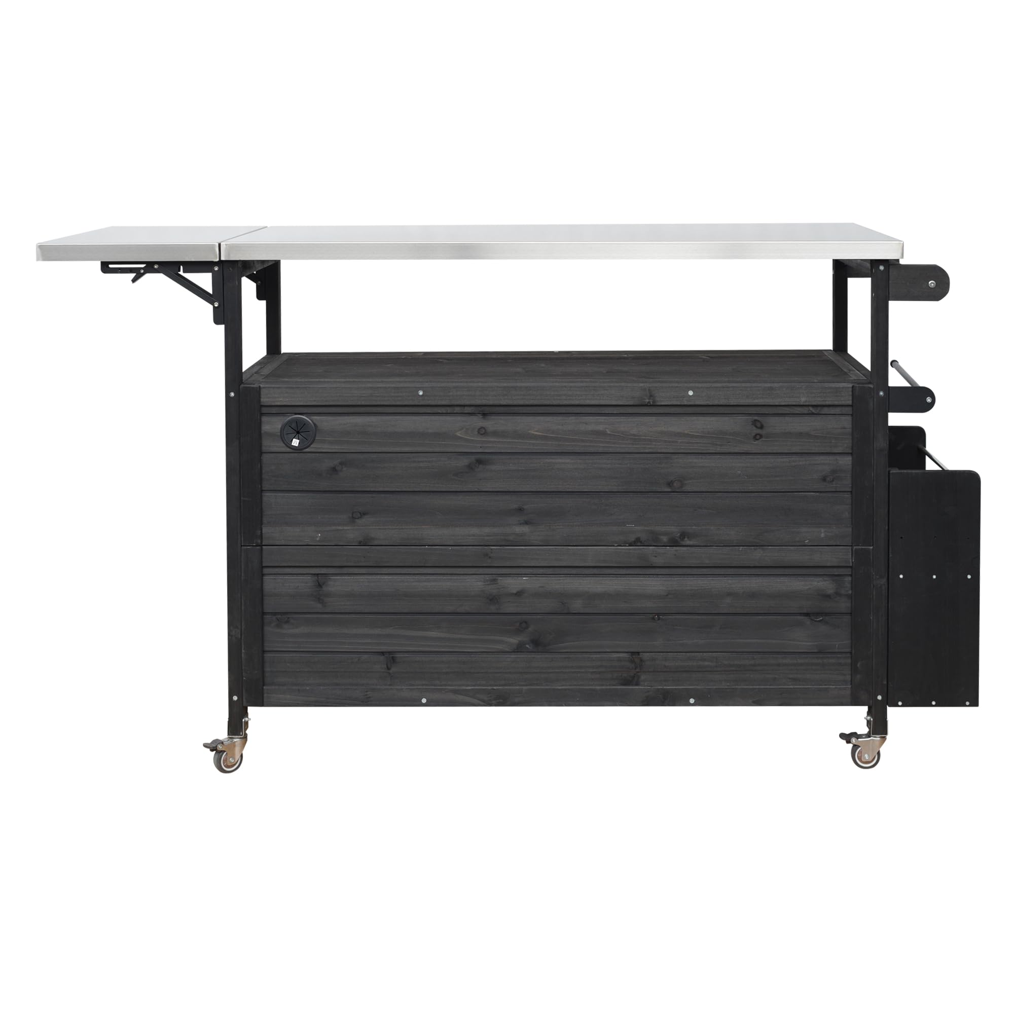 Outdoor Kitchen Island Cart with Foldable Stainless Steel Top, Rolling Grill Table with Adjustable Shelf Storage Spice Rack and Towel Holder, Wooden BBQ Prep Station with Lockable Wheels, Black