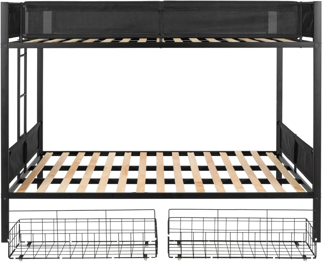 DNYN Queen Over Queen Bunk Bed with Drawers for Kids Bedroom,Space Saving Metal Bedframe w/Ladder & Safety Rails,Easy Assembly & No Box Spring Needed,for Dorm,Guest Room, Black