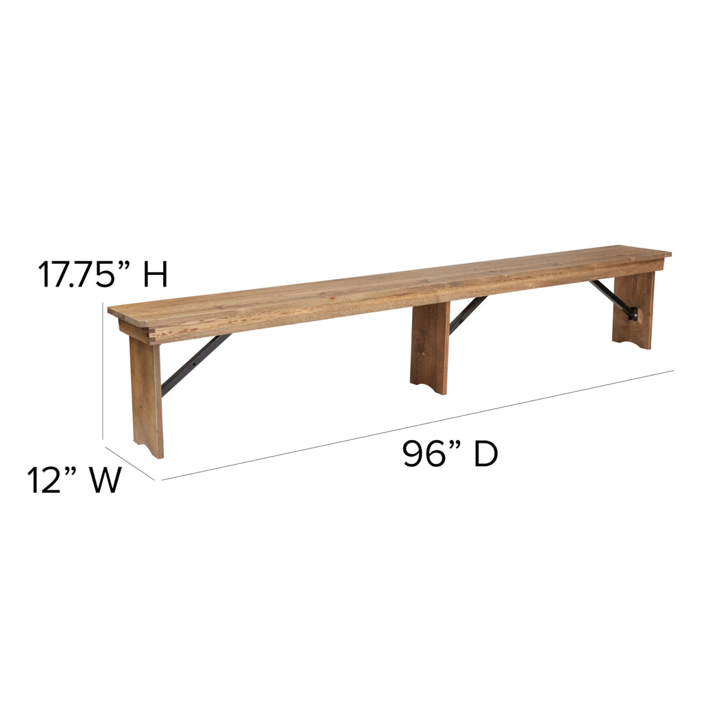 Flash Furniture Hercules Series 8' x 12' Commercial Grade Rustic Solid Pine Folding Bench, Antique Farmhouse 3 Leg Dining Bench, Seats up to 4 Adults