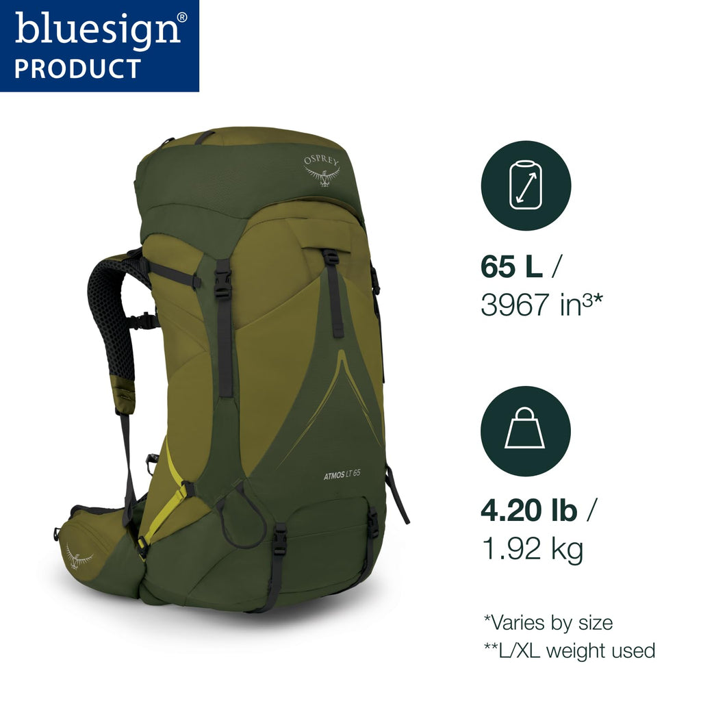 Osprey Atmos AG LT 65L Men's Backpacking Backpack, Scenic Valley/Green Peppercorn, L/XL