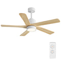 WINGBO 48 Inch DC Ceiling Fan with Lights and Remote Control, 5 Carved Solid Wood Blades, 6-Speed Noiseless Reversible DC Motor, Indoor Ceiling Fan in Gloss White Finish with Oak Blades