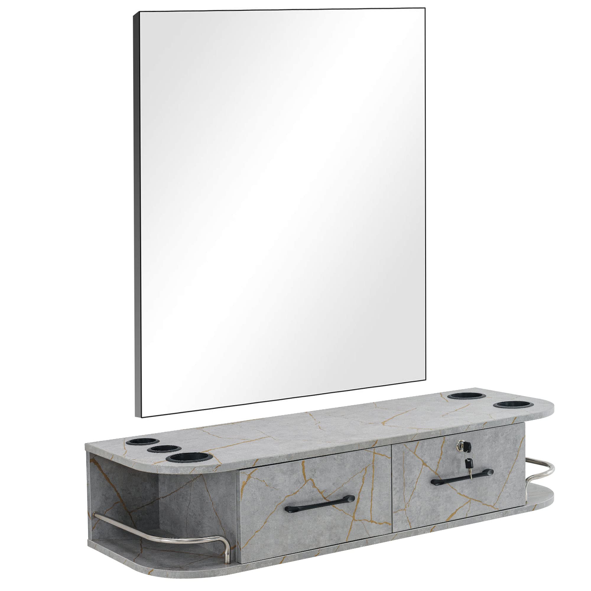 BarberPub Locking Wall Mount Styling Barber Station with Mirror Beauty Spa Salon Furniture,6154-5012-mirror (Gold&Grey)