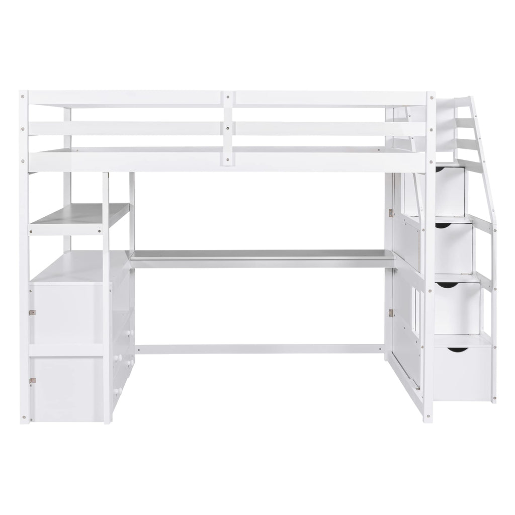 Merax Stairway Loft Bed with L Shape, Shelves, Two Tier Drawers and Storage, White Platform, Full Loft w/Desk and Staircase