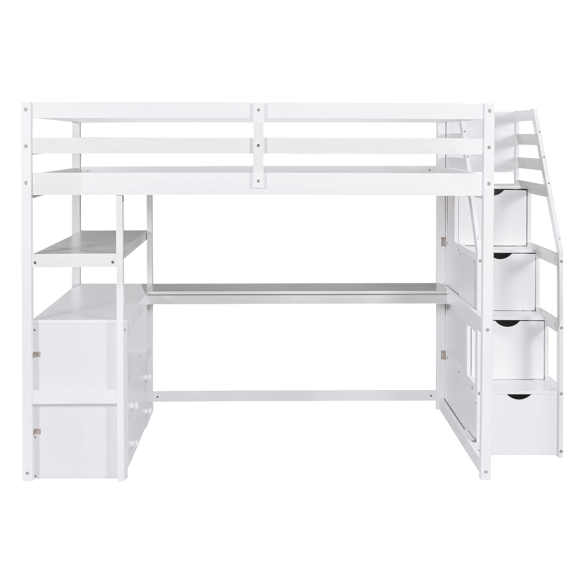 Merax Stairway Loft Bed with L Shape, Shelves, Two Tier Drawers and Storage, White Platform, Full Loft w/Desk and Staircase