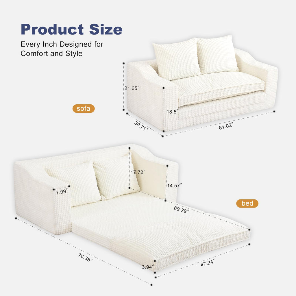 61" Convertible Sofa Bed Loveseat, Memory Foam Boneless Floor Couch with Removable Corduroy Cover, Tri-folding Compact Full-size Sleeper for Small Living Room, Playroom, Guest Room, RV (White)