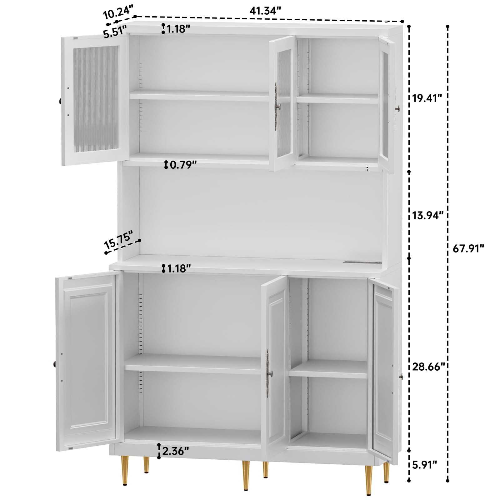 AUN Metal Pantry Cabinet with Charging Station - 68" Multi-Scene Storage Cabinet for Kitchen, Coffee Bar, Dining Room | Adjustable Shelves & Soft-Close Doors,White