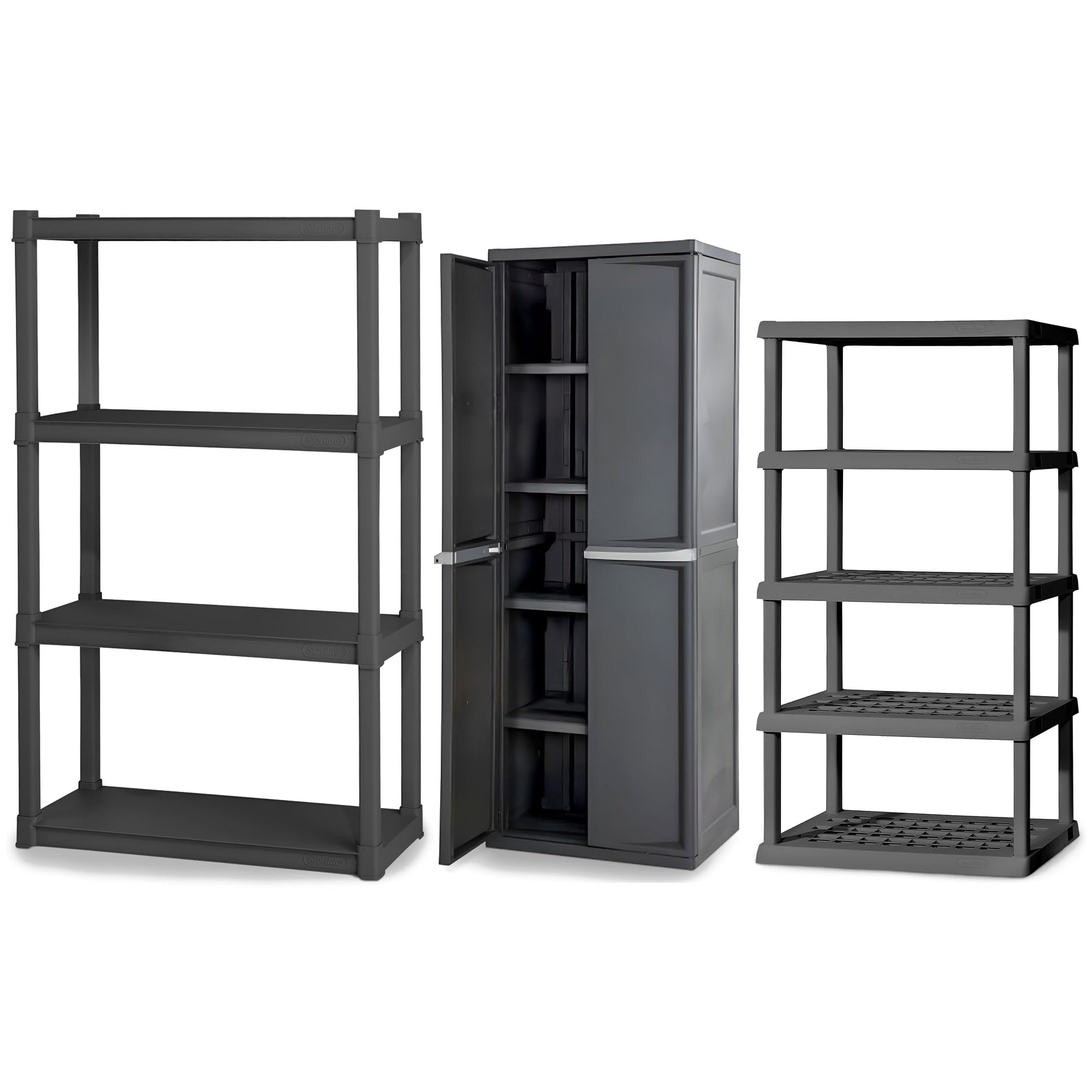 Sterilite 4 & 5 Shelf Plastic Storage Units Bundled with Easy to Assemble Storage Cabinet for Garage, Pantry & Kitchen Organization, 4 Shelves, Gray