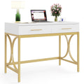 LITTLE TREE 41" Computer Desk with Two Drawers, Modern Study Writing Desk with Storage, White Makeup Vanity Table Office Desk with Gold Metal Frame for Home Office
