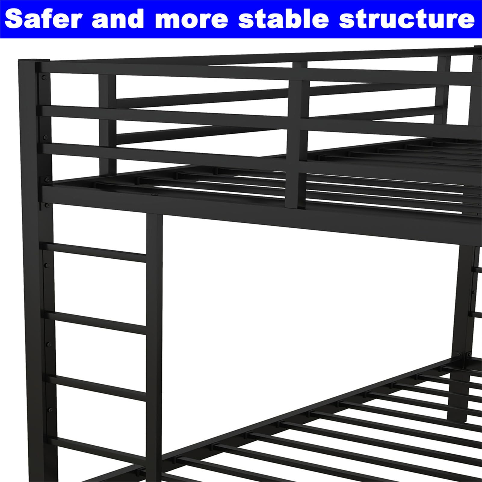 LEEKOUS Upgraded Version Heavy Duty Metal Full XL Over Queen Bunk Bed, Thicken Stronger Steel Full Over Queen Bunk Bed, Queen Size Bunkbed Frame for Adults, Easy Assembly, Black (Full XL Over Queen)