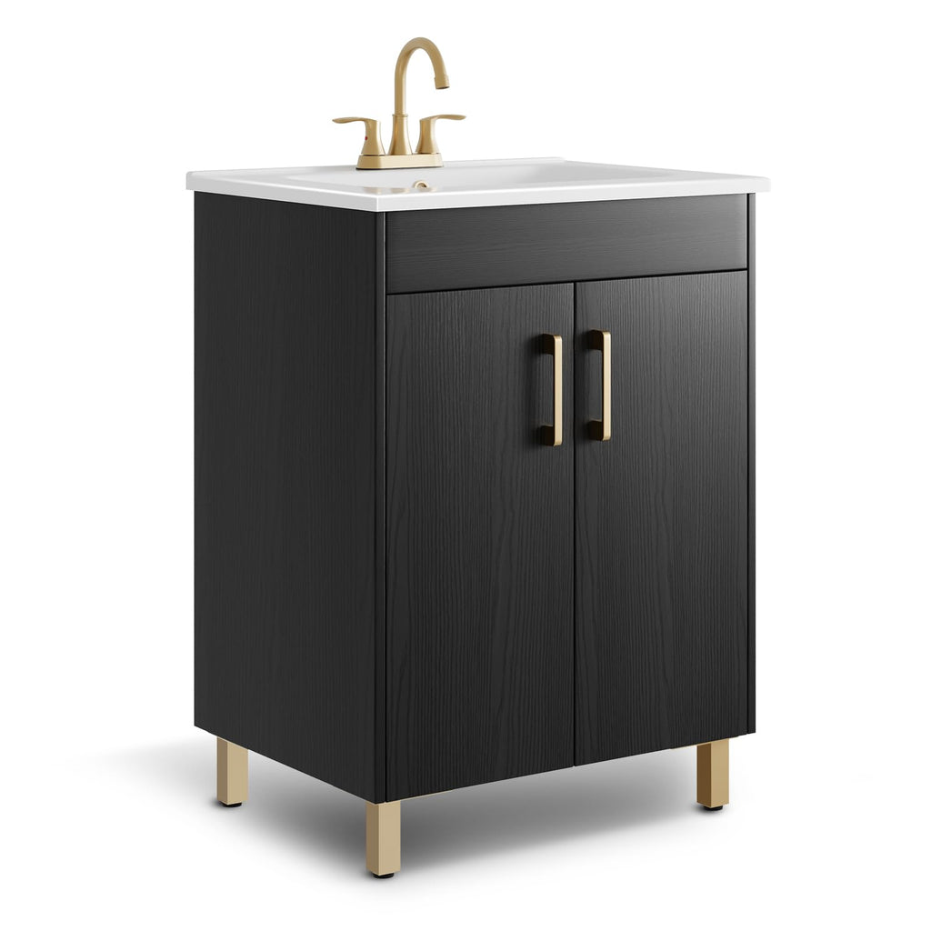 phiestina 24 Inch Fully Pre-Assembled Black Bathroom Vanity with Single Ceramic Countertop Sink Combo, 2 Soft Close Doors Bathroom Cabinet Set, Faucet Not Included, BV01-BLACK-JH
