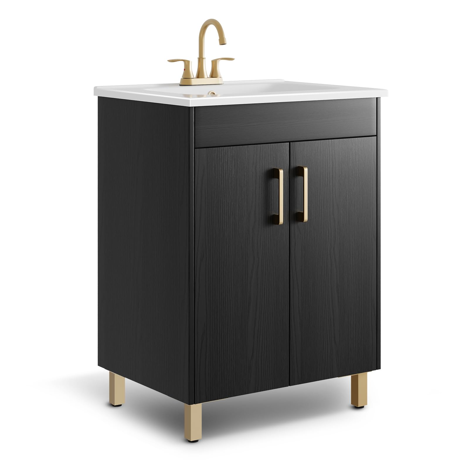 phiestina 24 Inch Fully Pre-Assembled Black Bathroom Vanity with Single Ceramic Countertop Sink Combo, 2 Soft Close Doors Bathroom Cabinet Set, Faucet Not Included, BV01-BLACK-JH