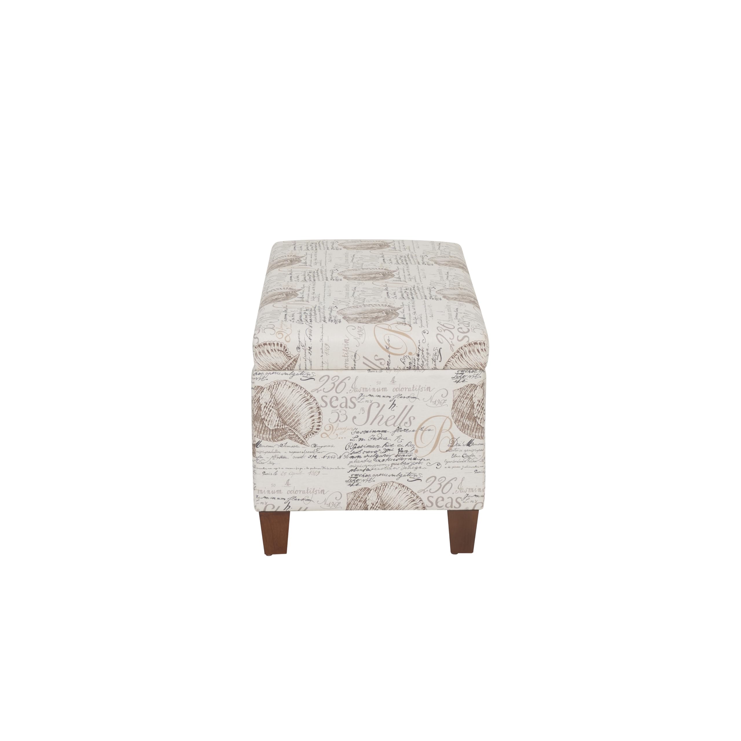 Linon Carmen Ivory and Beige Seashell Upholstered Lift Top Storage Ottoman with Wooden Feet