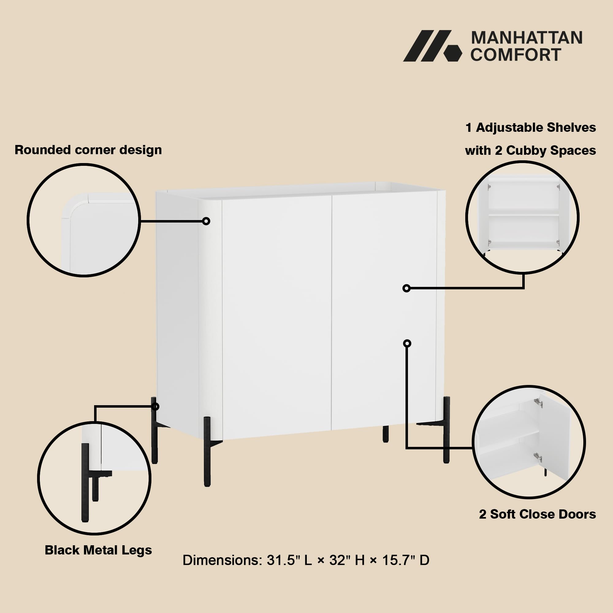 Manhattan Comfort Abbey Accent Cabinet with Doors, Tray Top Design and Adjustable Shelves, Sleek Modern Storage Furniture for Dining Area, Living Room Entryway, White