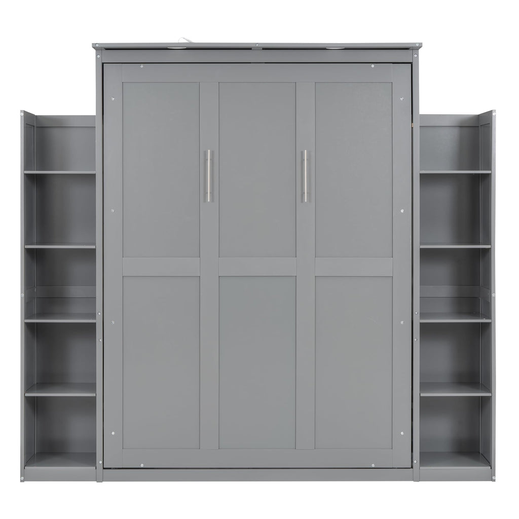 Merax Full Size Murphy Bed with 2 Five-Layer Cabinet, Modern Wall Bed with Shelves and LED Lights, Foldable Wood Platform Bed Folded into Cabinet for Guest Room, Home and Office, Grey
