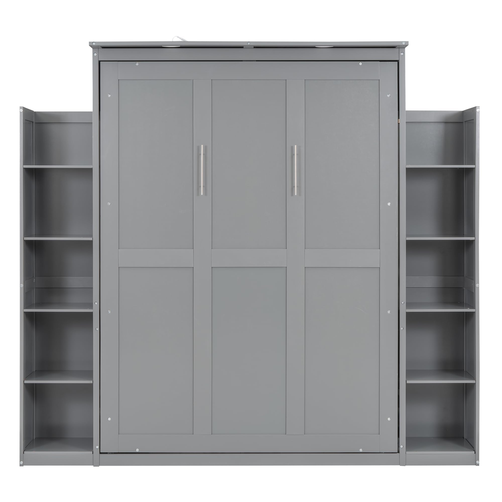 Merax Full Size Murphy Bed with 2 Five-Layer Cabinet, Modern Wall Bed with Shelves and LED Lights, Foldable Wood Platform Bed Folded into Cabinet for Guest Room, Home and Office, Grey