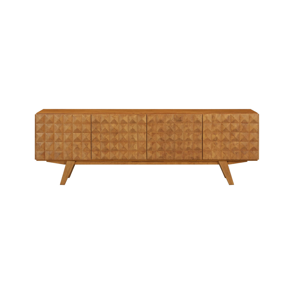 NTC Sapa Mid-Century Modern Solid Wood TV Stand 4-Door Media Console with Carved Geometric Fronts for TVs up to 75", Effortless Assembly, Teak Look
