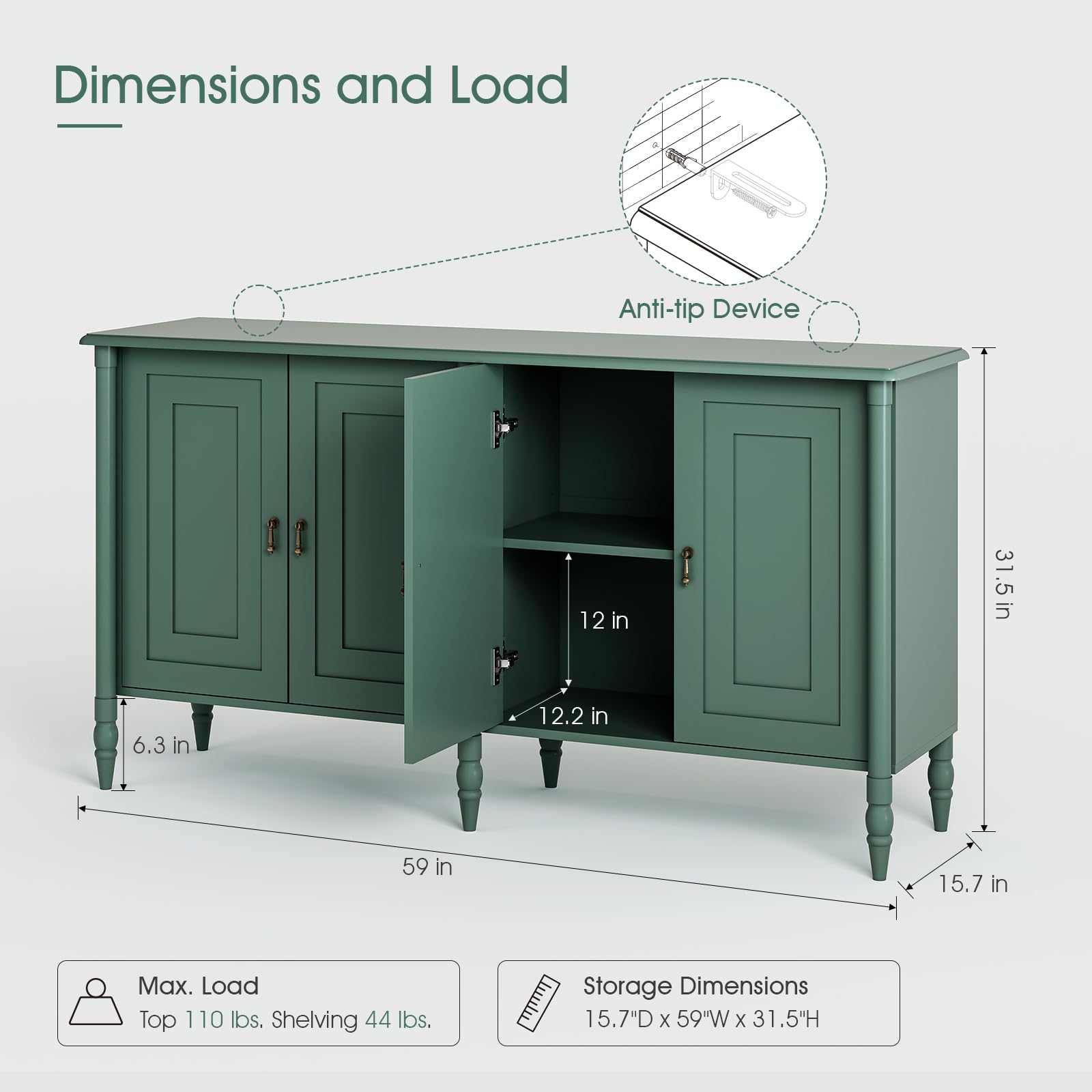 JOINICE 59" Sideboard Buffet Cabinet with Storage,Vintage Credenza with Adjustable Shelves & Solid Wood Legs,Accent Cabinet for Living Room,Dining Room,Kitchen,Bar,Entryway,Hallway,TV Console,Green
