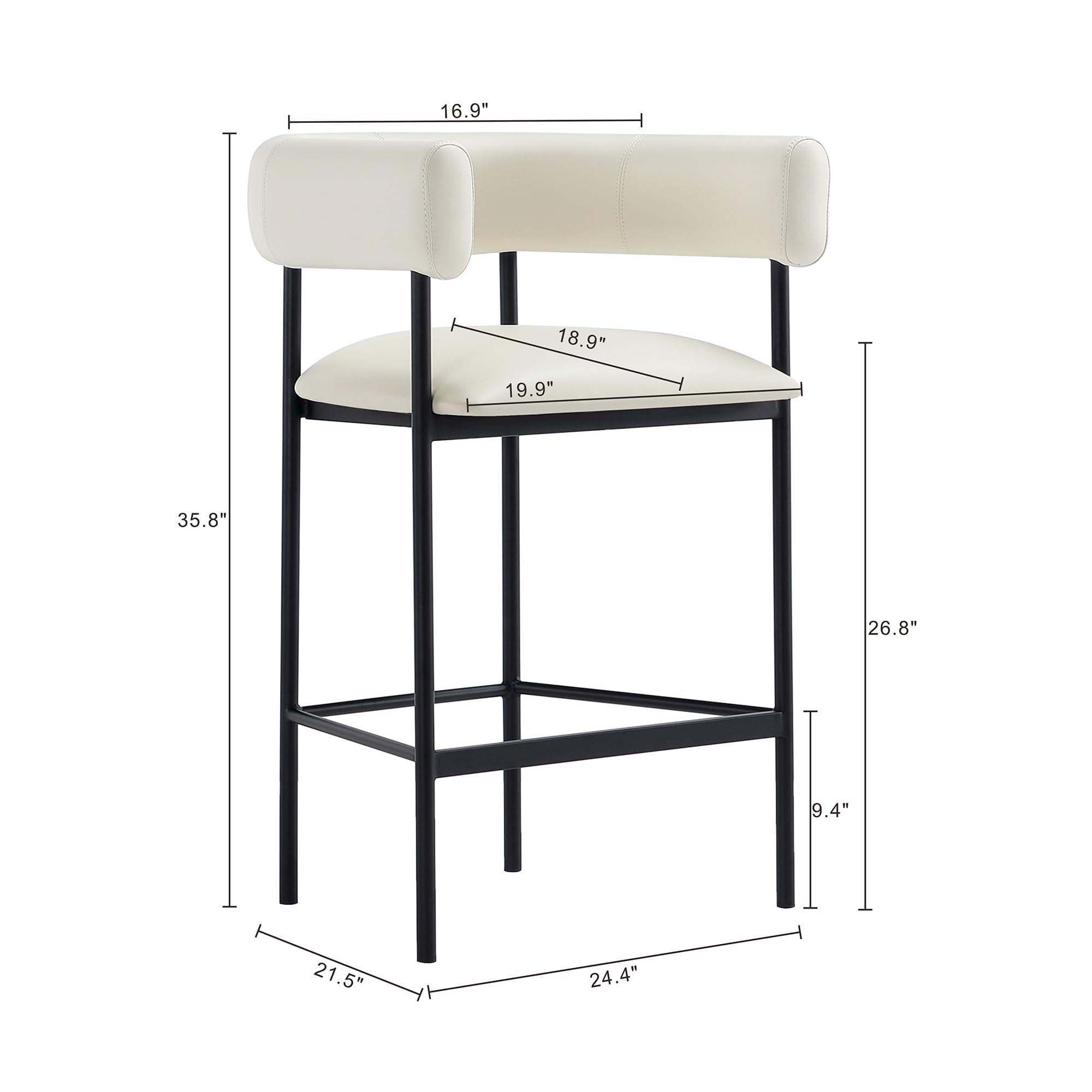Manhattan Comfort Onda Counter Height Stools for Kitchen and Dining Room, Upholstered in Vegan Leather, Island Chairs with Metal Frame, Wraparound Design, Fully Assembled Furniture, Ivory