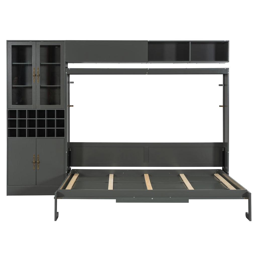 Merax Queen Size Murphy Bed Wall Bed with Sofa, Shelves, USB & Light - Space Saving Foldable Bed for Small Apartments, Grey
