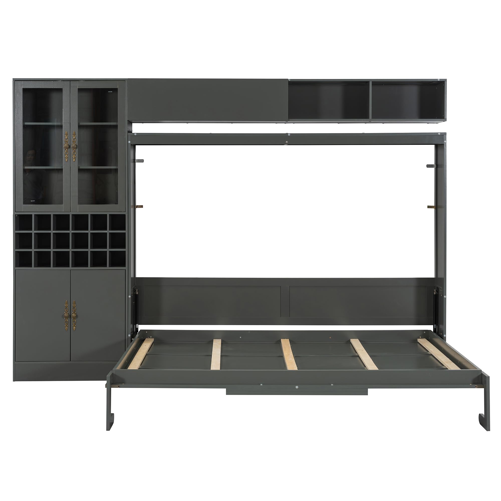 Merax Queen Size Murphy Bed Wall Bed with Sofa, Shelves, USB & Light - Space Saving Foldable Bed for Small Apartments, Grey