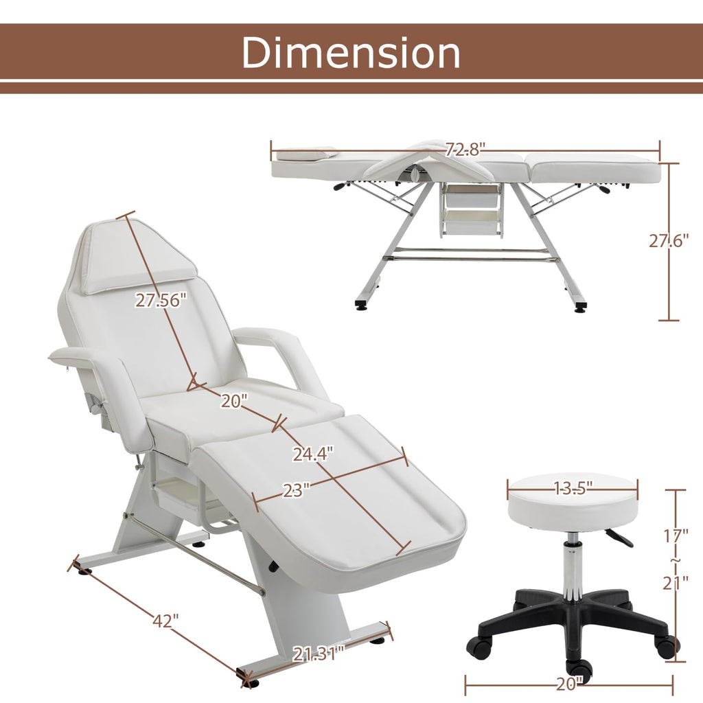 Massage Salon Tattoo Chair with Two Trays Esthetician Bed Hydraulic Stool Metal White Multi-Purpose 3-Section Facial Table Spa Beauty Equipment